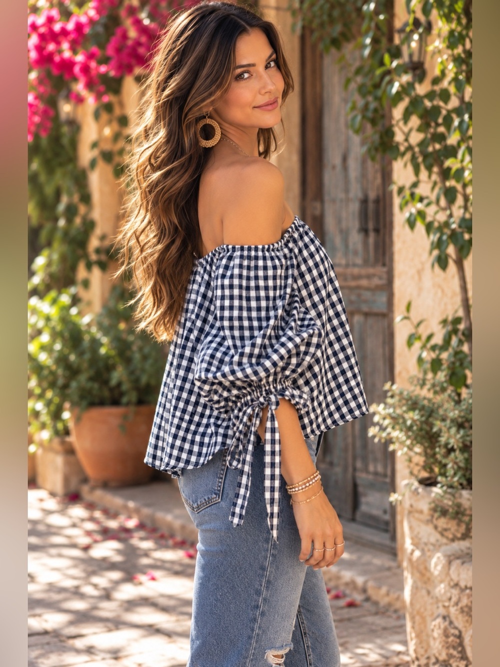 Haute Rogue Blue White Gingham Off Shoulder Top Size S 💙